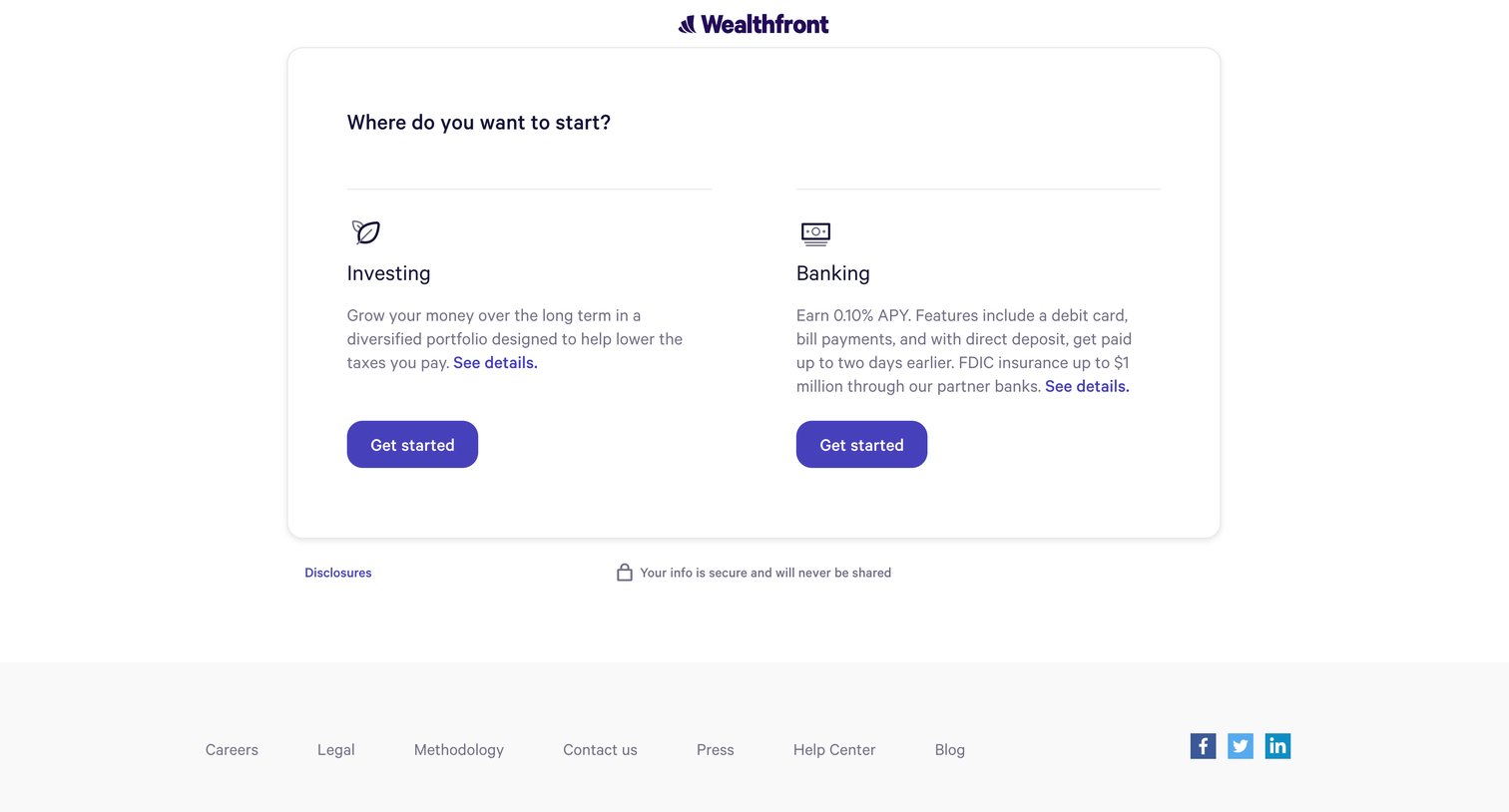 Wealthfront - Investing or Cash Account - Account Type - Open Account - Wealthf screen