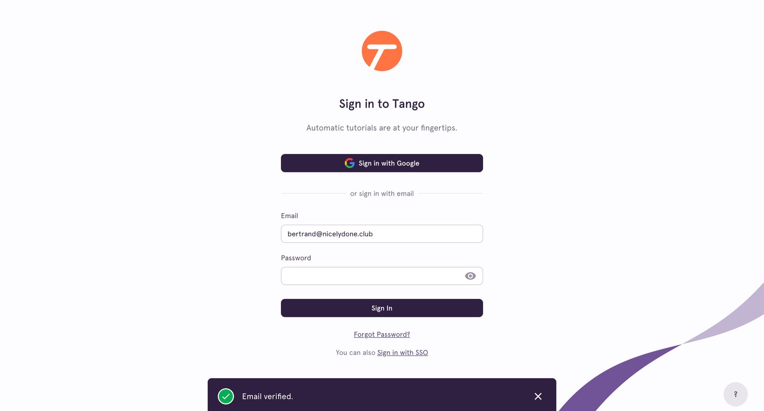 Tango - Sign In screen