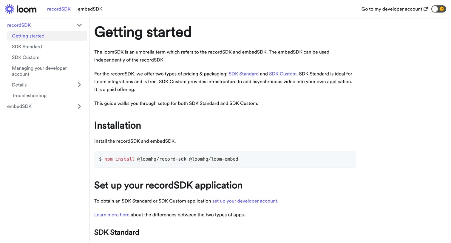 Loom - Getting started | Developers Loom screen