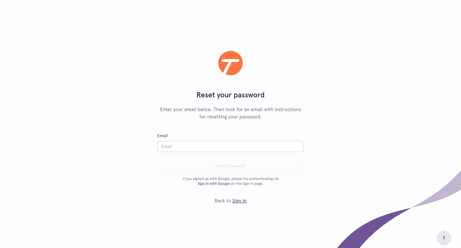 Tango - Reset Password screen