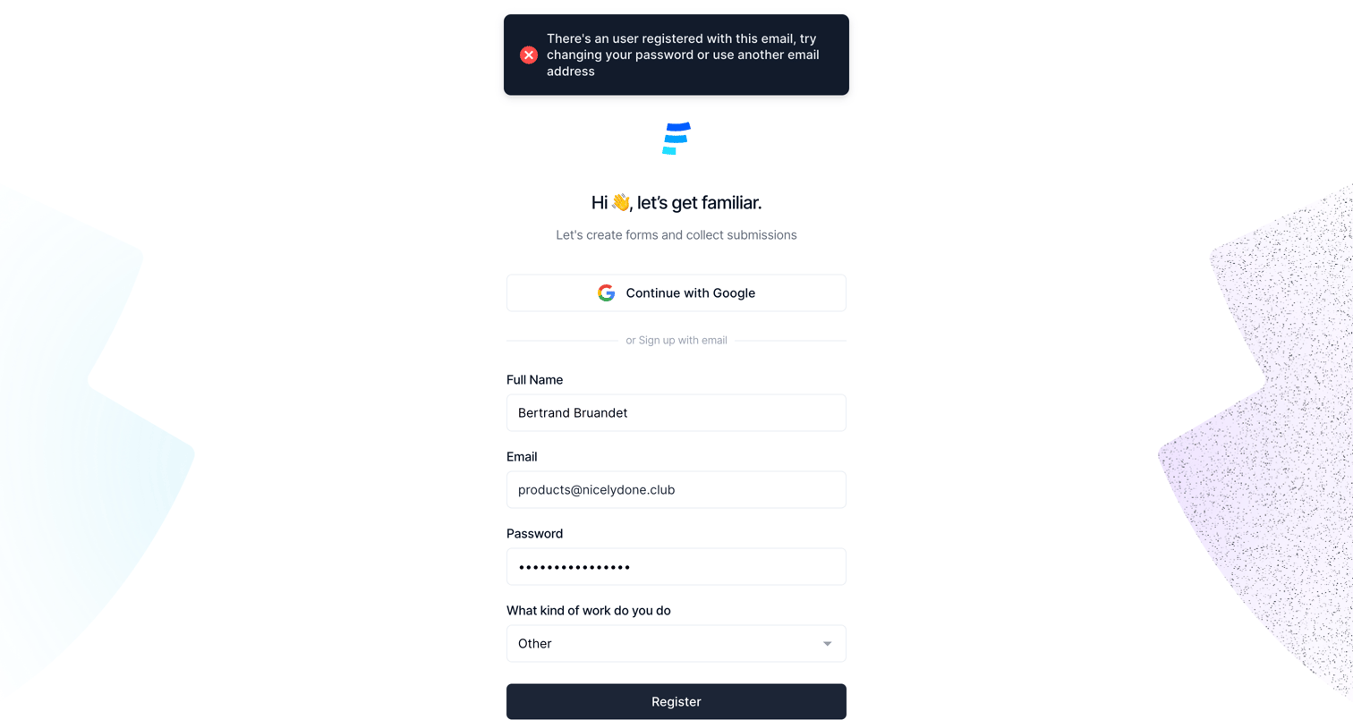 Formcarry - Register - Formcarry screen