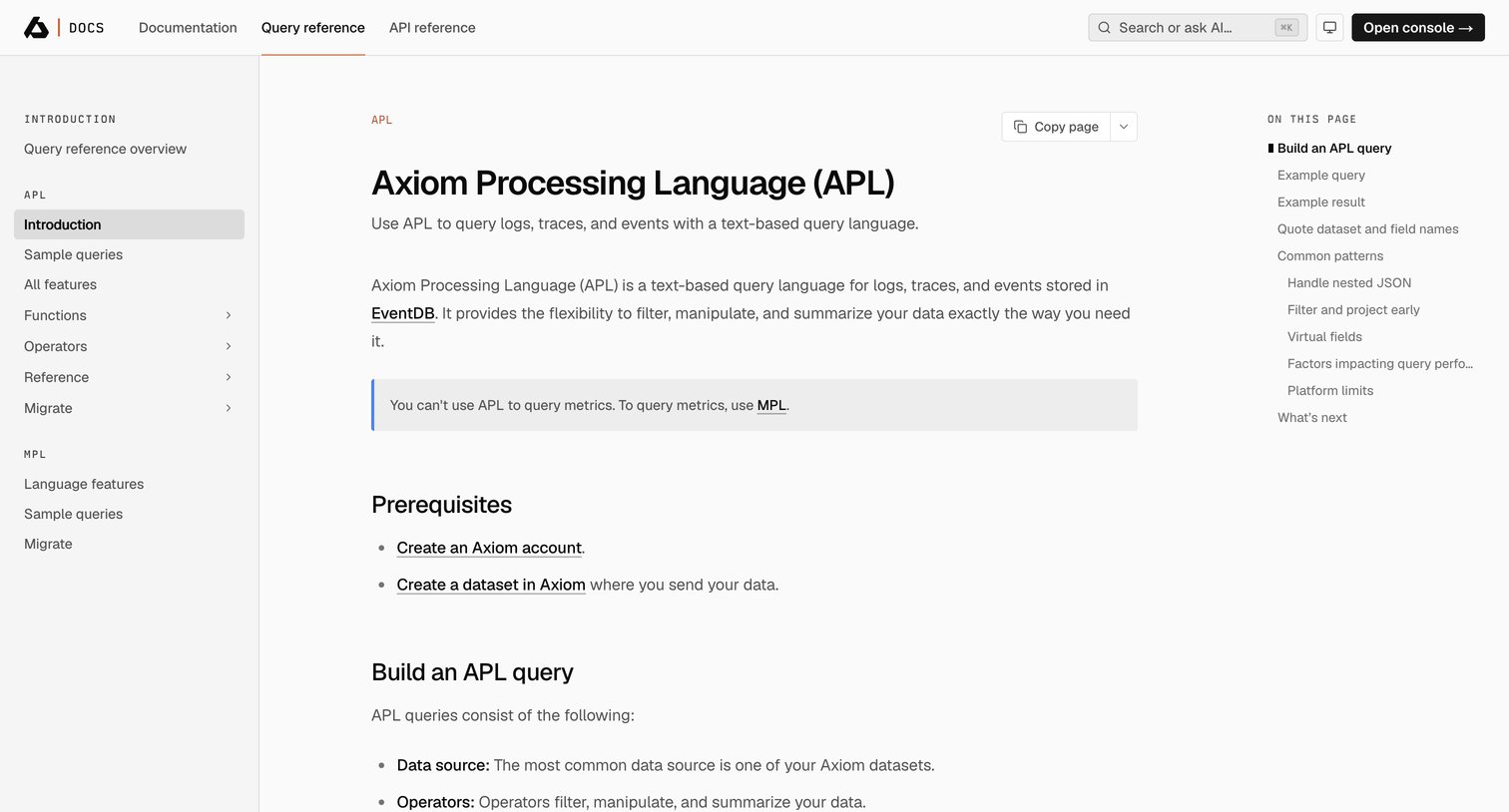 Axiom - Axiom Processing Language (APL) | Axiom Docs screen