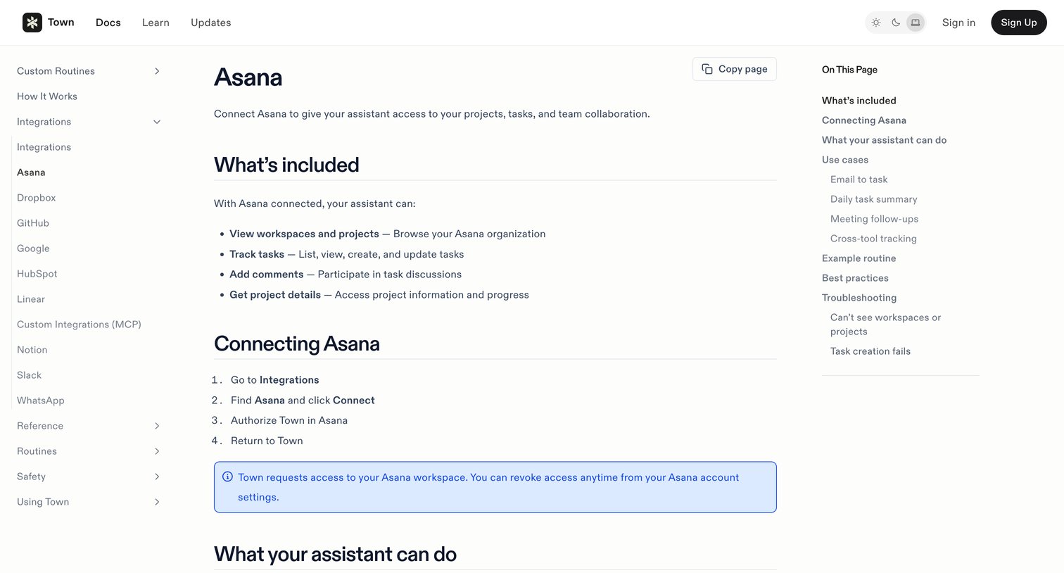 Town - Asana – Town Docs screen