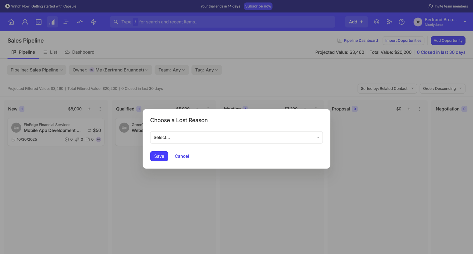 Capsule - Pipeline | Nicelydone CRM screen