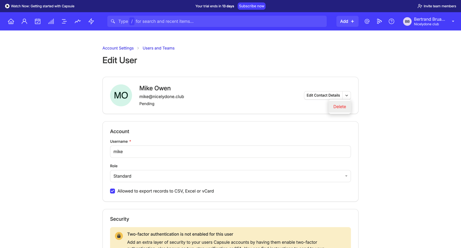 Capsule - Edit User | Nicelydone club CRM screen