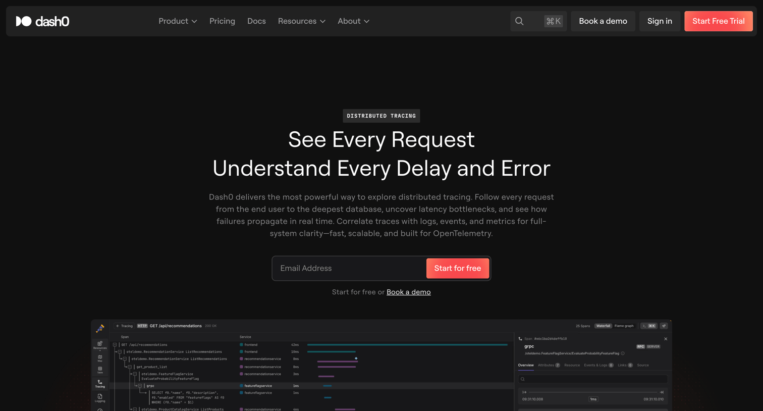 Dash0 - Distributed Tracing · Dash0 screen
