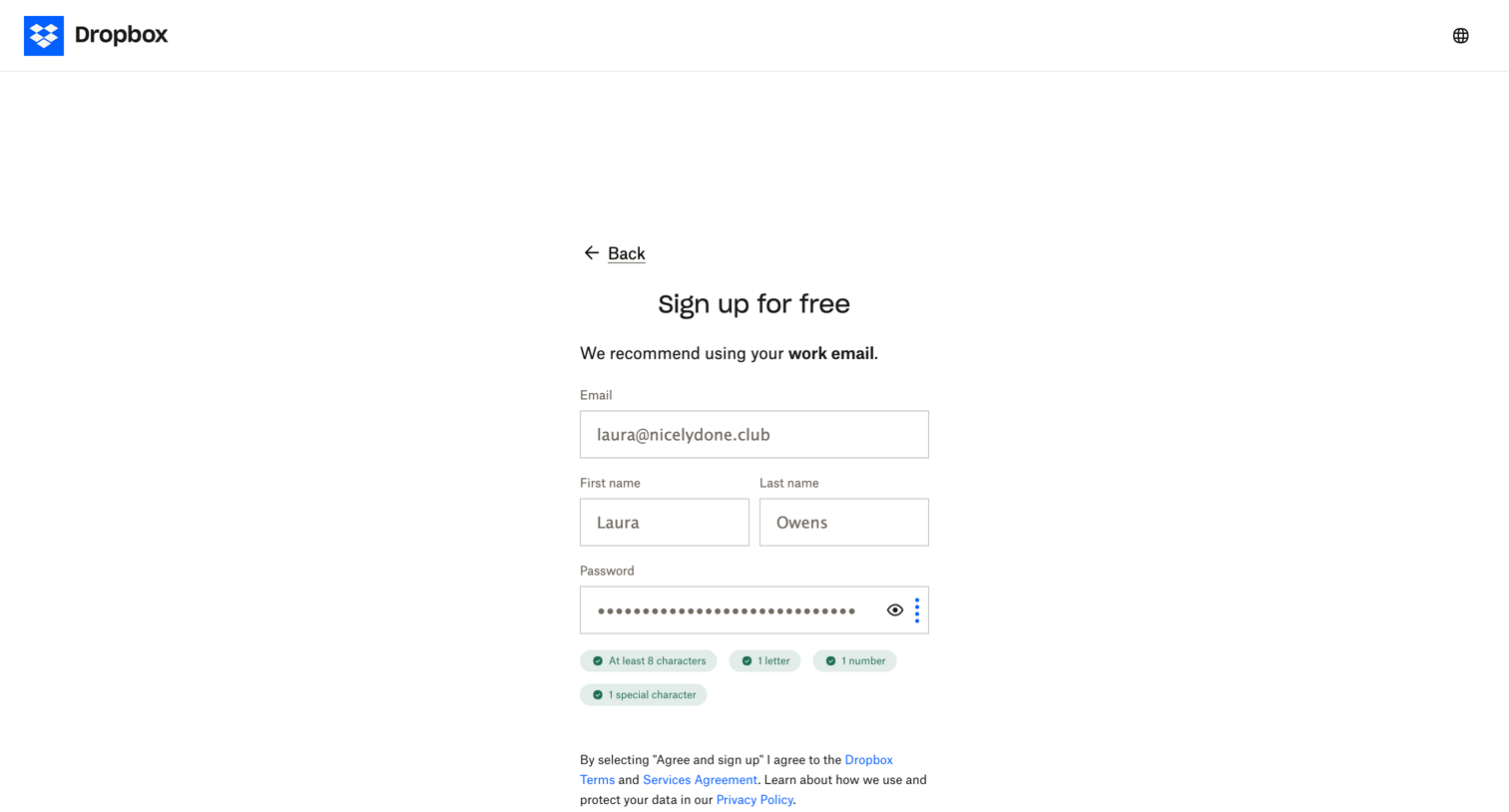 Dropbox - Register - Dropbox screen
