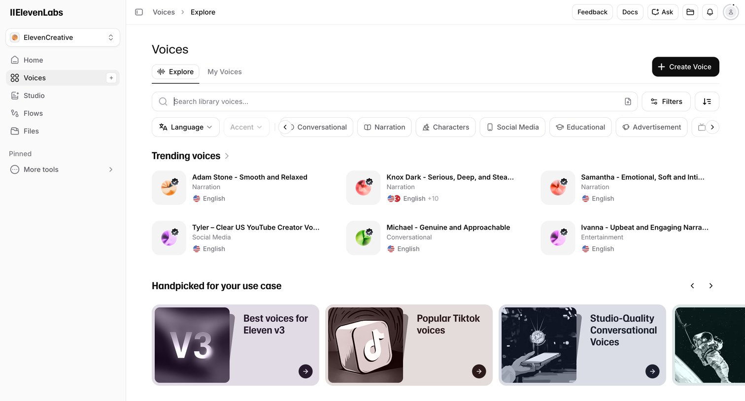 Elevenlabs - Voices | ElevenLabs screen