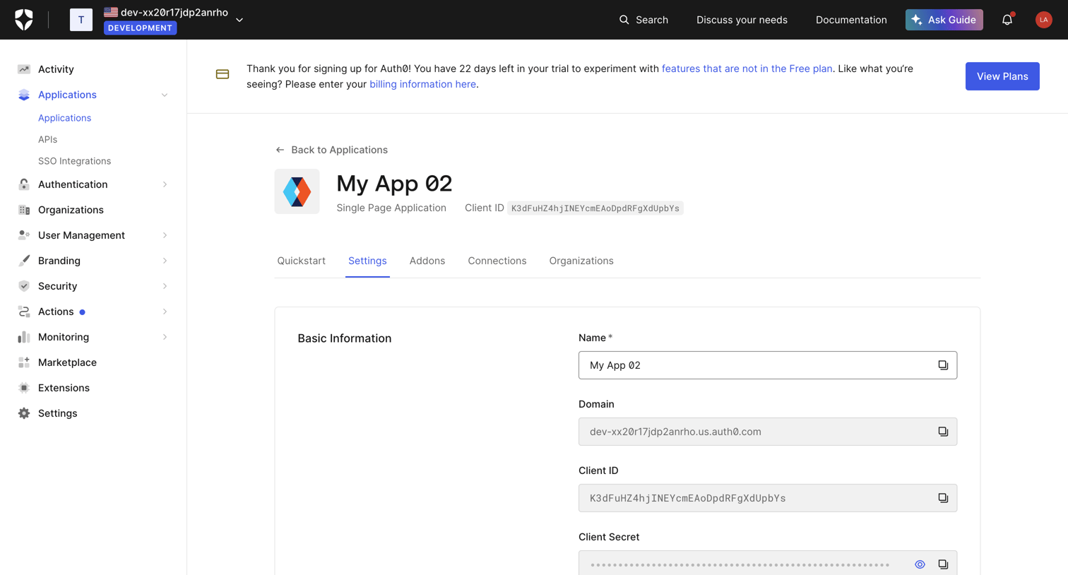 Auth0 - Application Details screen