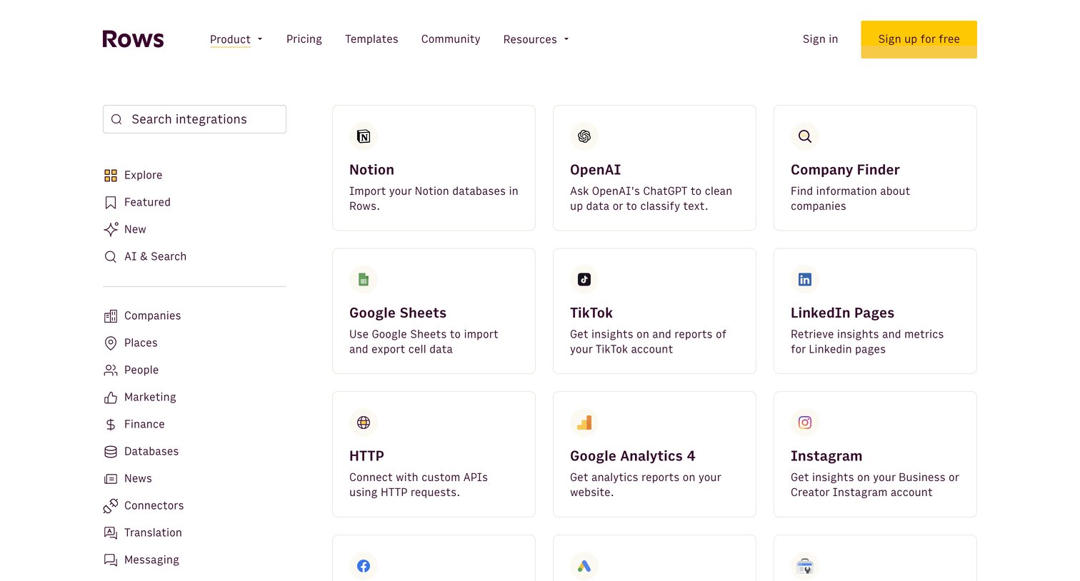 Rows - Integrations | Rows screen