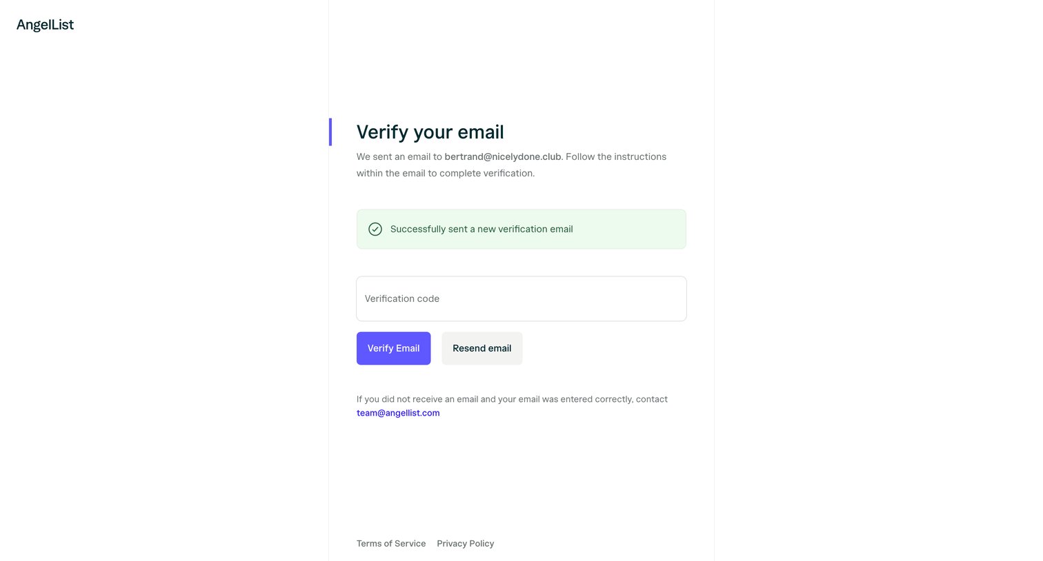 Angellist - Email Verification | AngelList screen