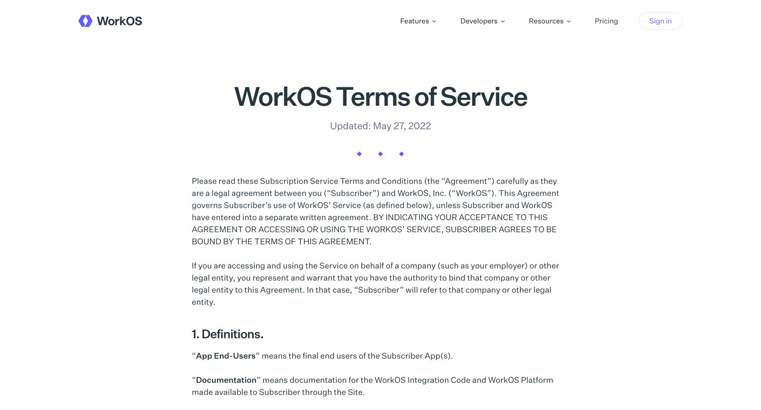 WorkOs - Terms of Service screen