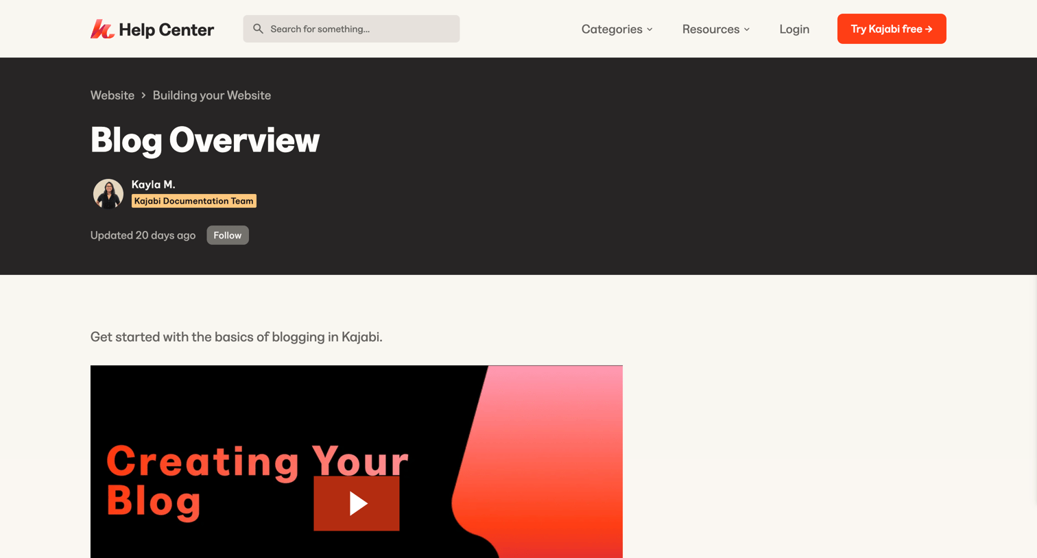 Kajabi - Blog Overview – Kajabi Help Center screen
