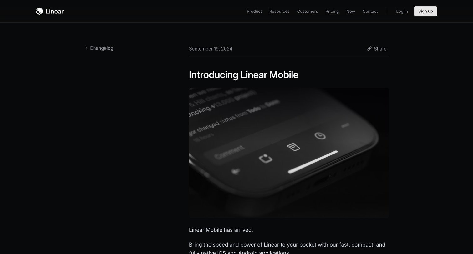 Linear - Introducing Linear Mobile – Changelog screen