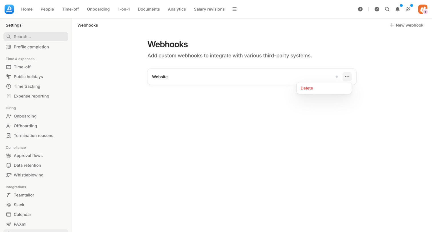 Aboard - Webhooks | Settings | Aboard screen