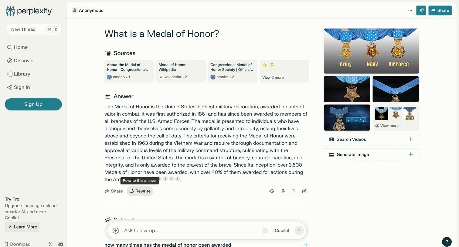 Perplexity - What is a Medal of Honor screen