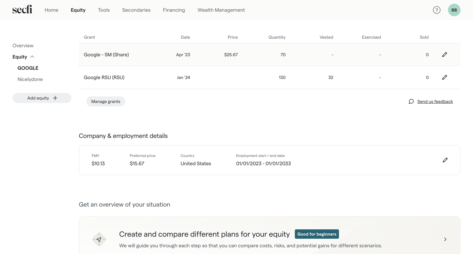 Secfi - Equity | Secfi screen