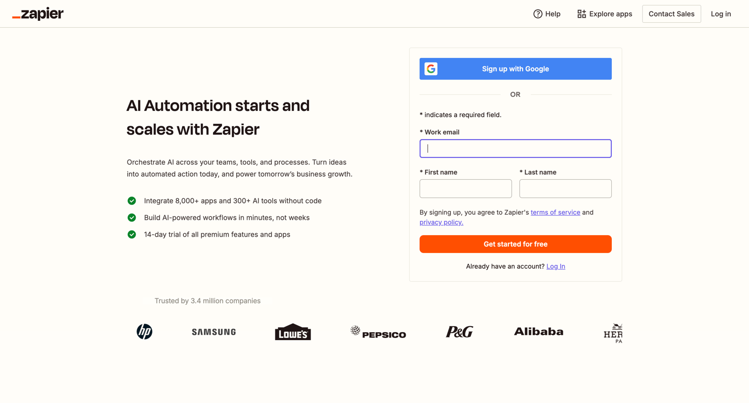Zapier - Sign up | Zapier screen