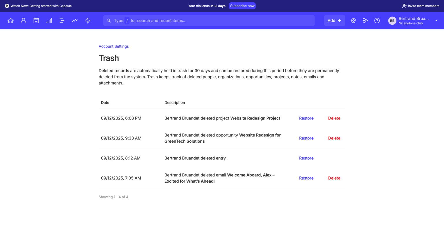 Capsule - Trash | Nicelydone club CRM screen