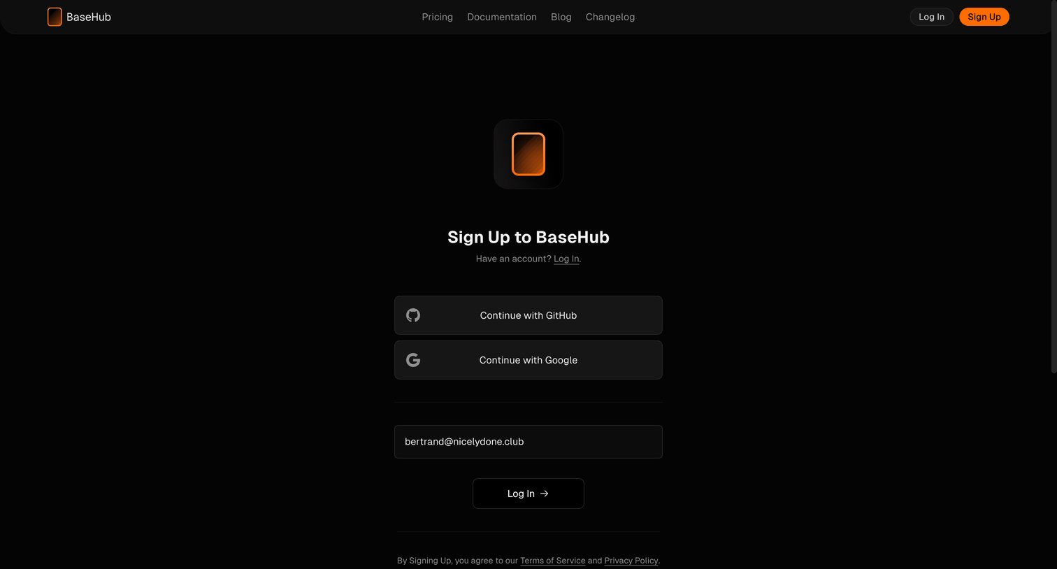 Basehub - Sign Up — BaseHub screen