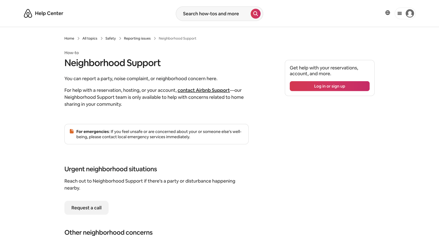 Airbnb - Neighborhood Support - Airbnb Help Center screen
