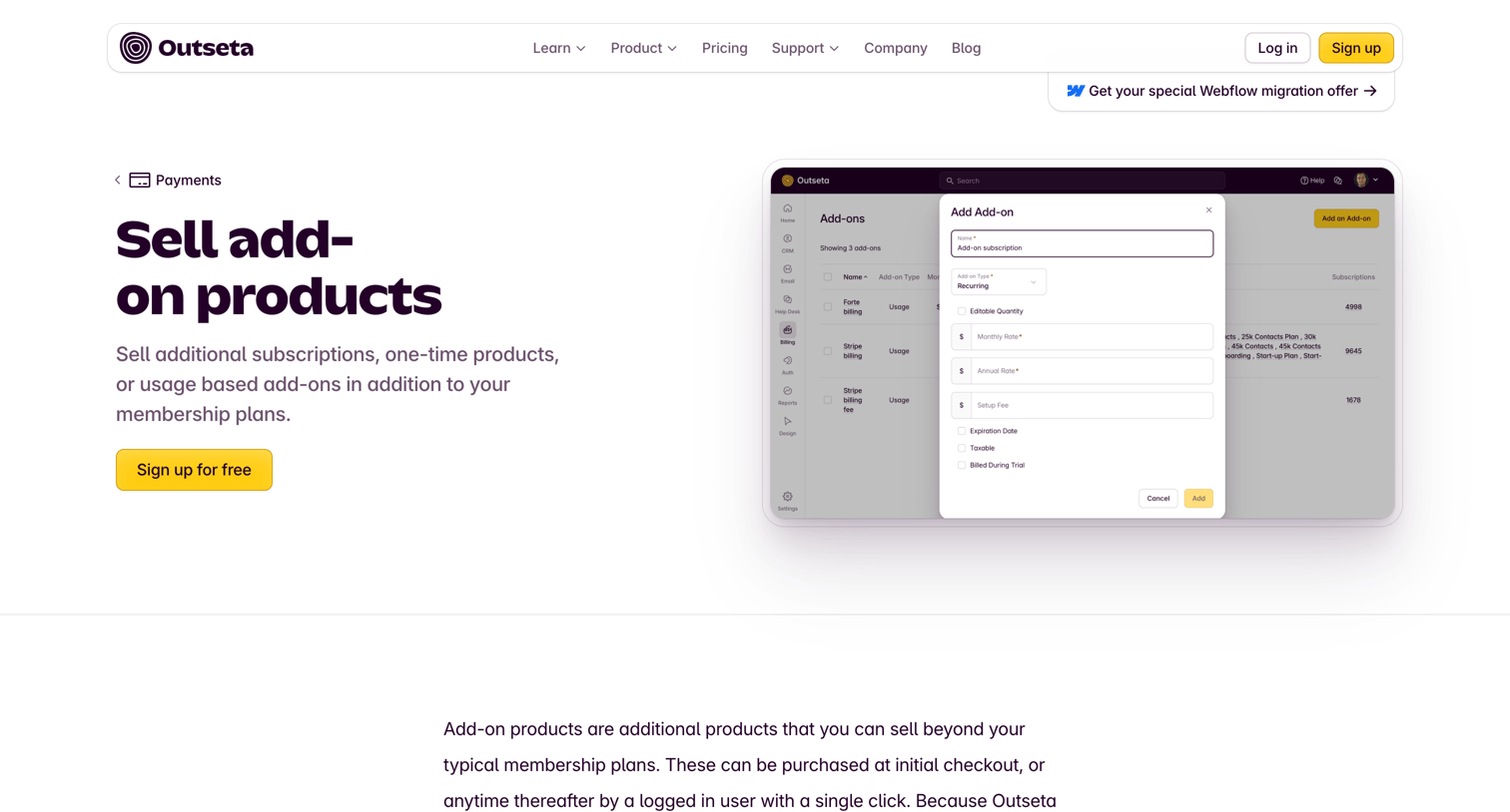 Outseta - Sell add-on products Outseta screen