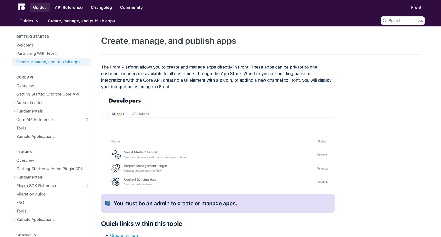 Front - Create, manage, and publish apps screen