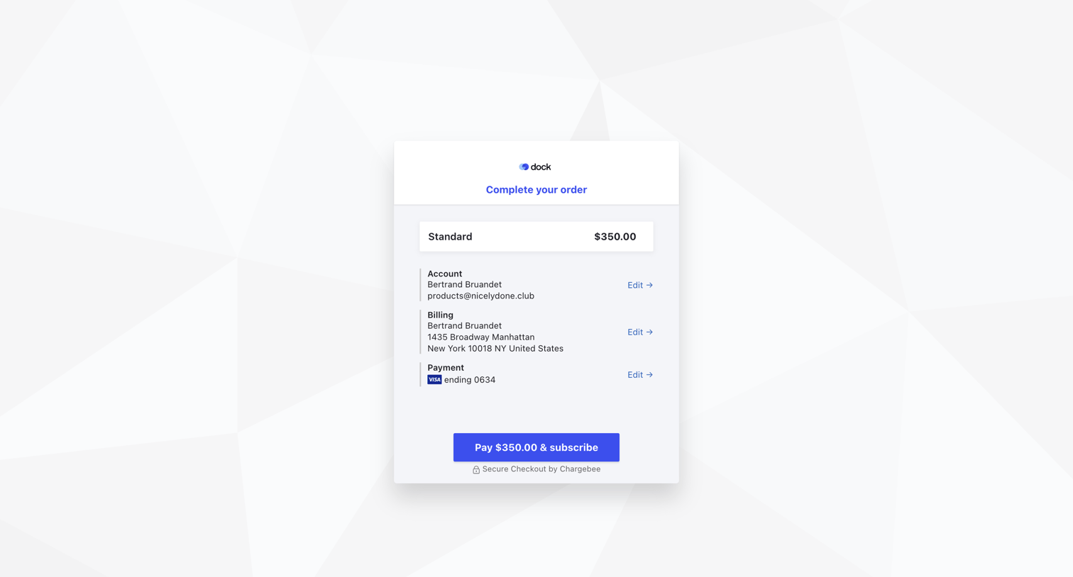 Dock - Chargebee Checkout screen