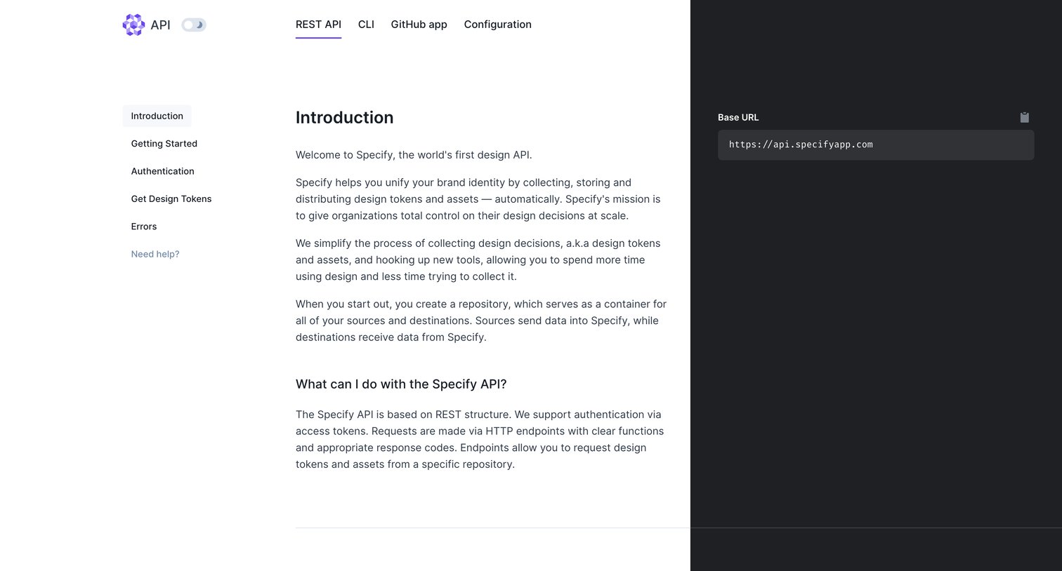 Specify - Specify | API Docs screen