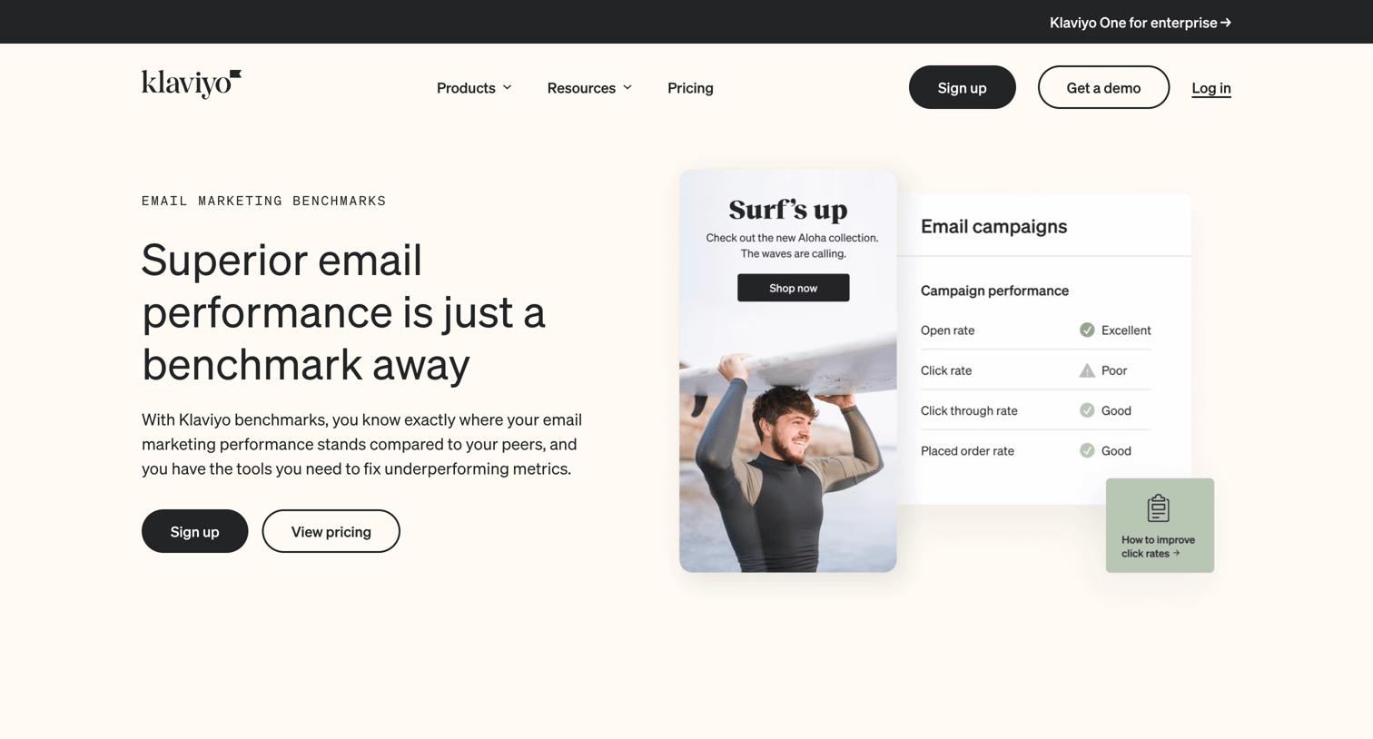 Klaviyo - Email Benchmarks for Marketing by Industry Tool | Klaviyo Email screen