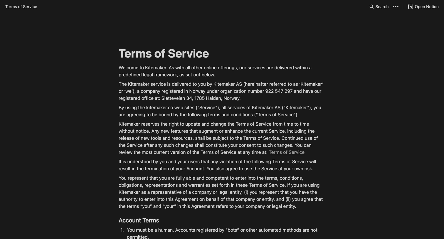 Kitemaker - Terms of Service screen