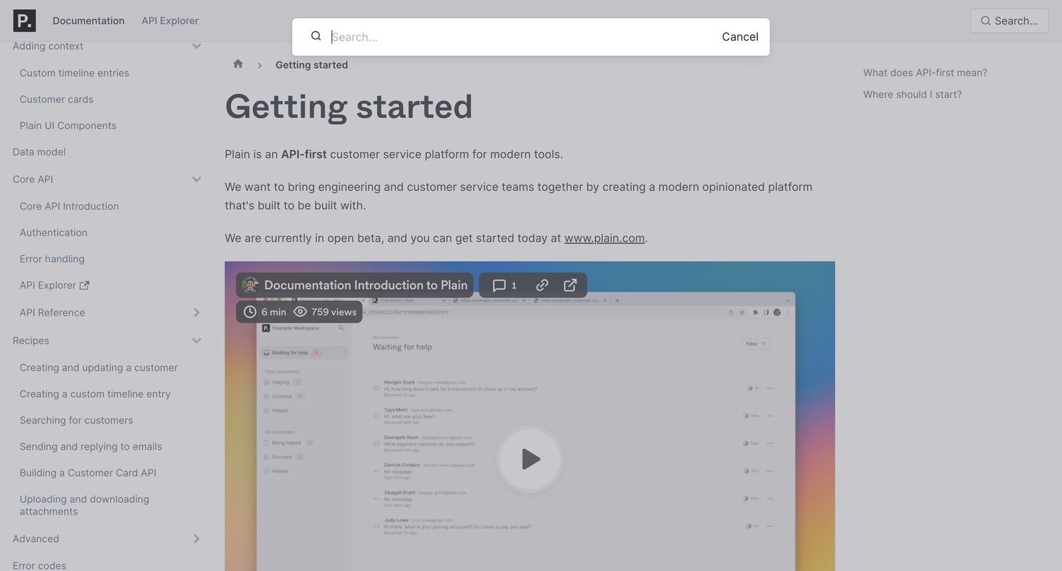 Plain - Getting started | Plain Documentation screen