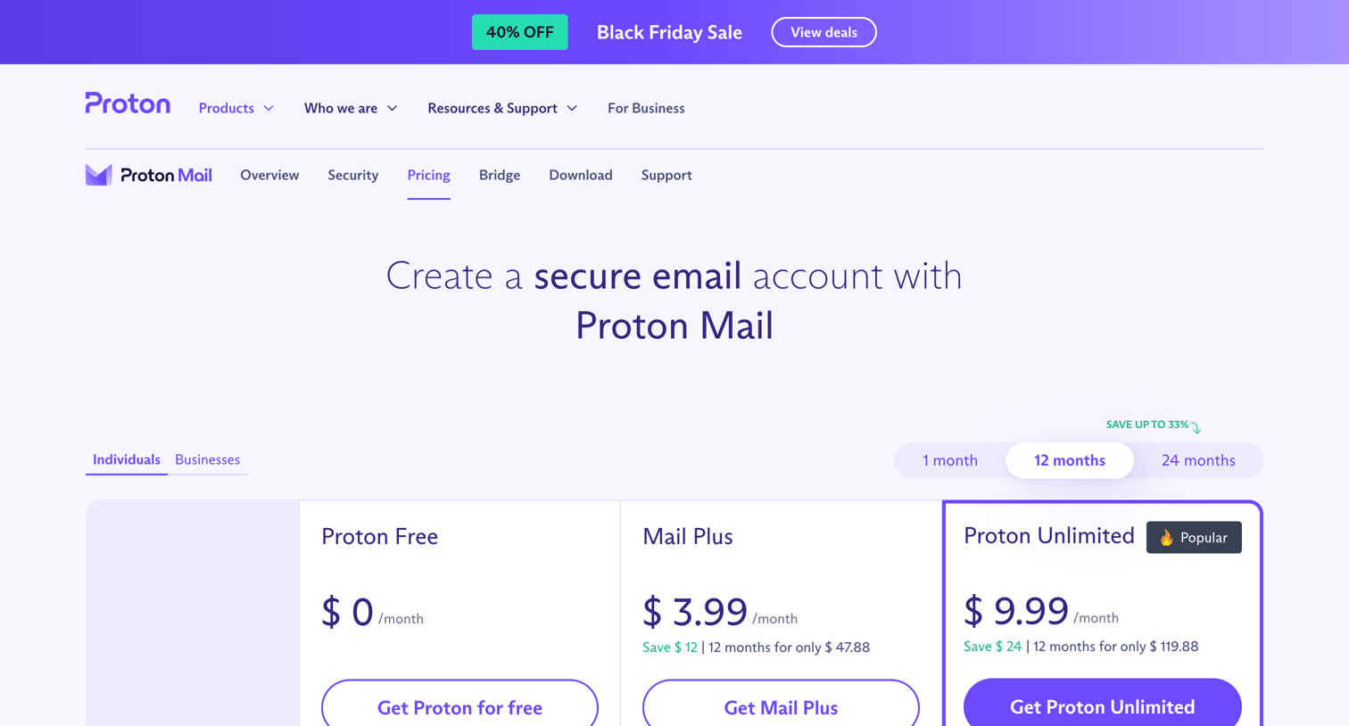 Proton - Create a free email account or choose a paid plan | Proton Mail screen
