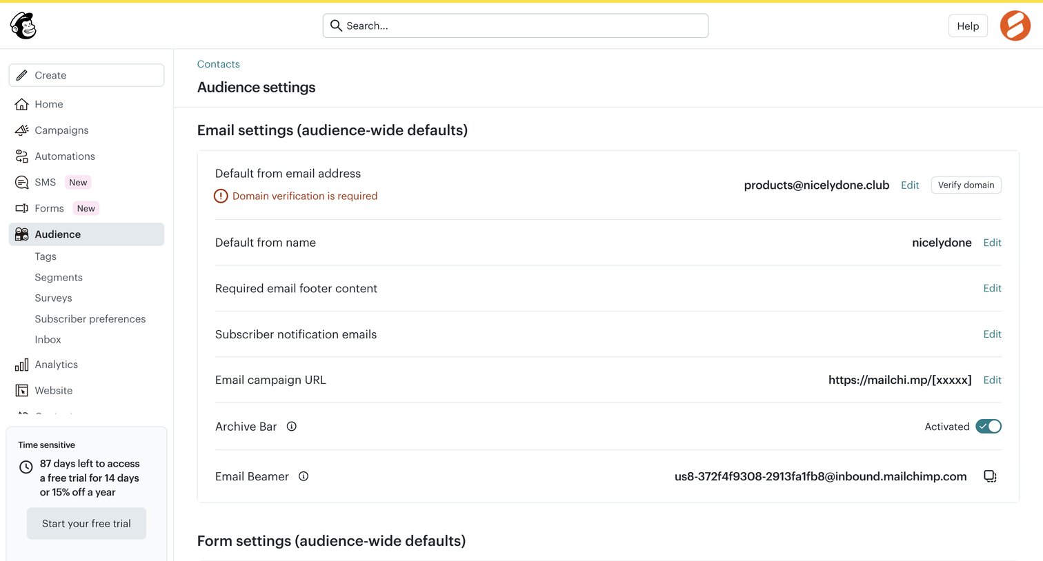Mailchimp - Audience settings | Mailchimp screen