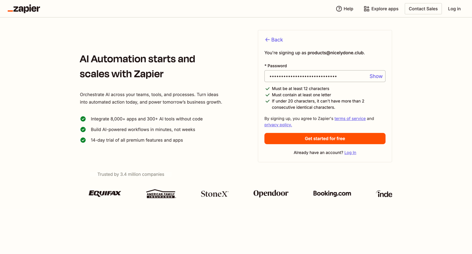 Zapier - Sign up | Zapier screen