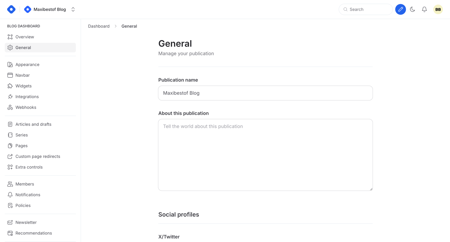 Hashnode - Dashboard - General screen