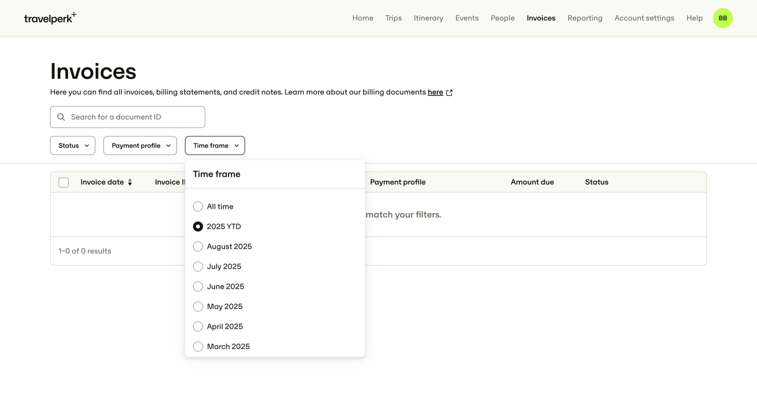 Travelperk - Invoices for Nicelydone — TravelPerk screen