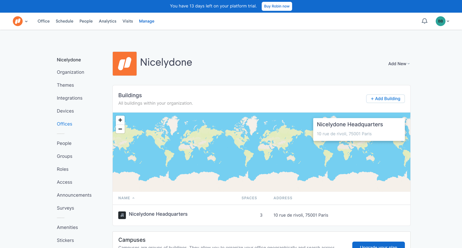 Robin - Manage Offices - Nicelydone screen