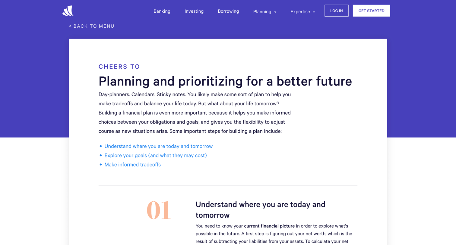Wealthfront - How to get started with financial planning screen