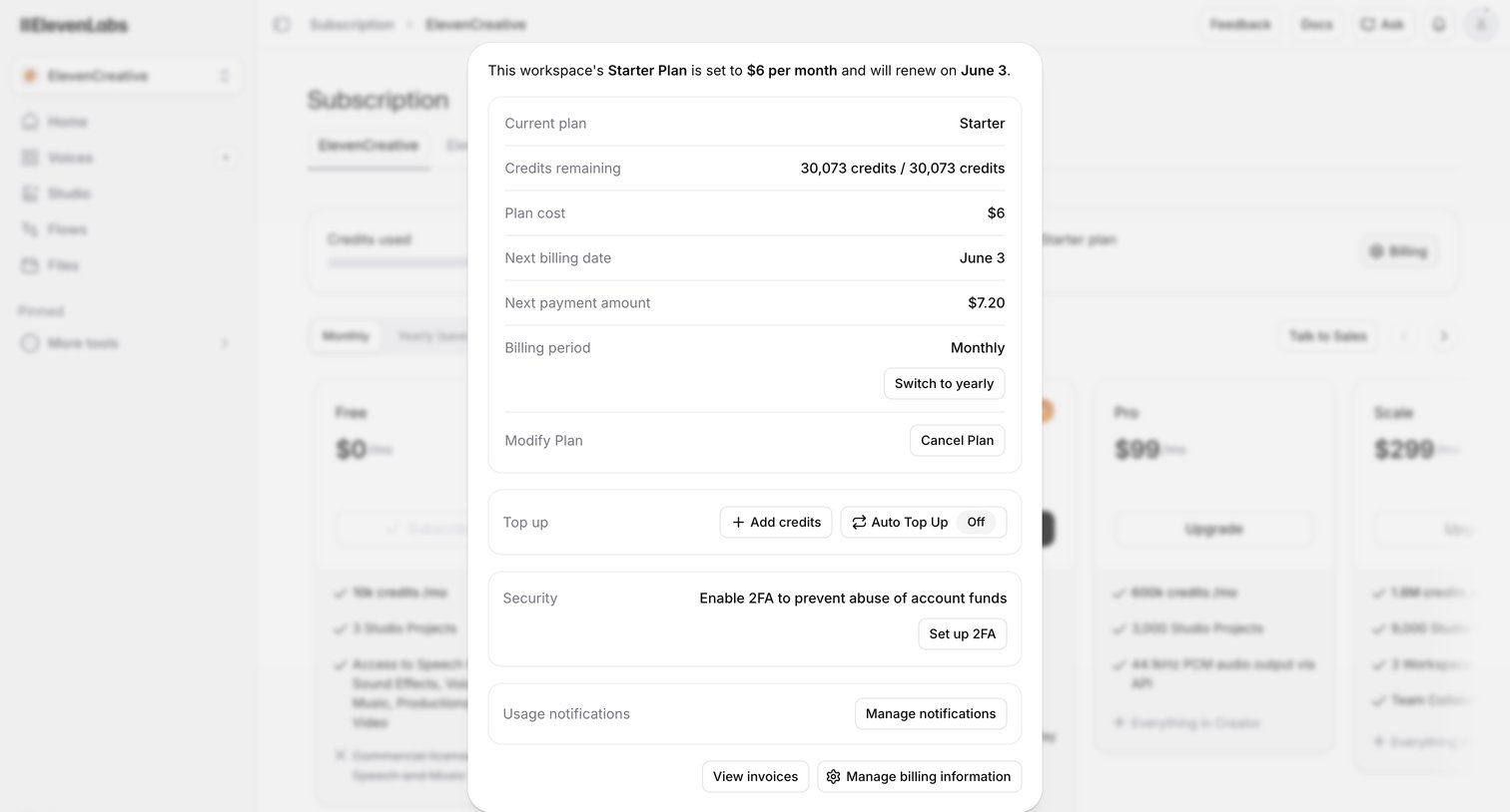 Elevenlabs - Subscription | ElevenLabs screen
