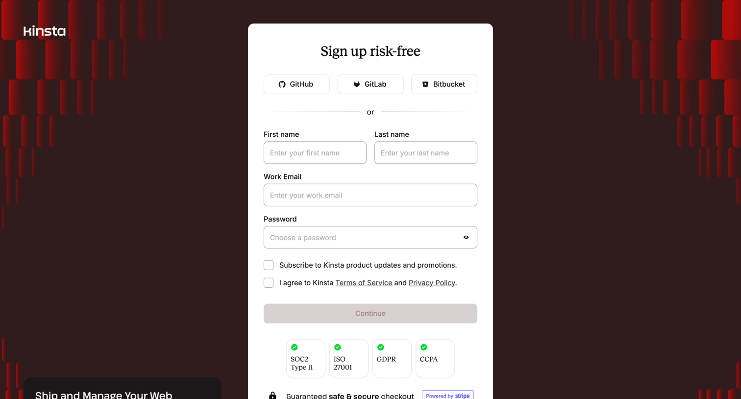 Kinsta - Sign Up | Try Kinsta for Free screen
