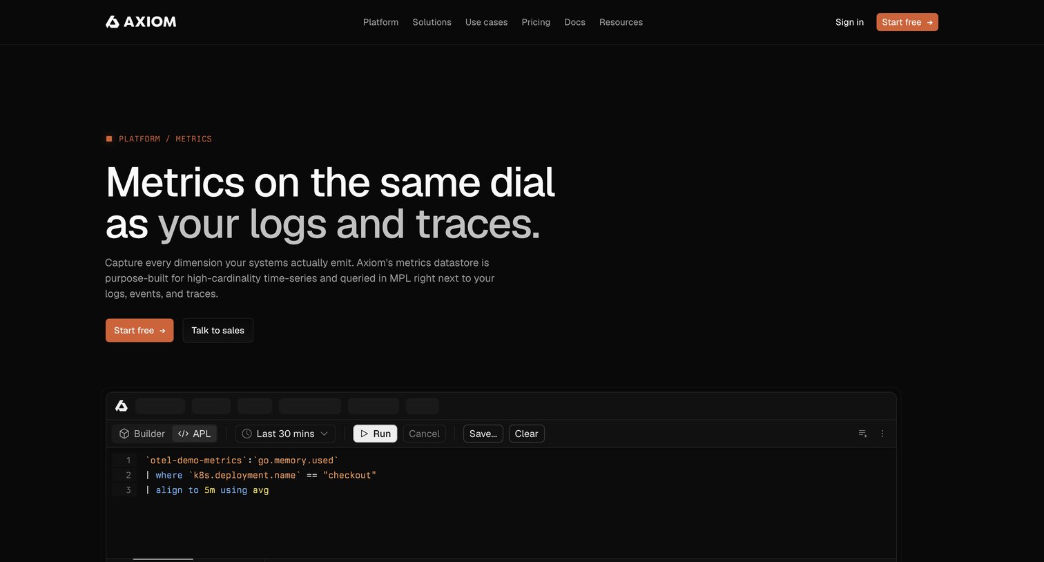 Axiom - Metrics on the same dial as your logs and traces - Axiom screen
