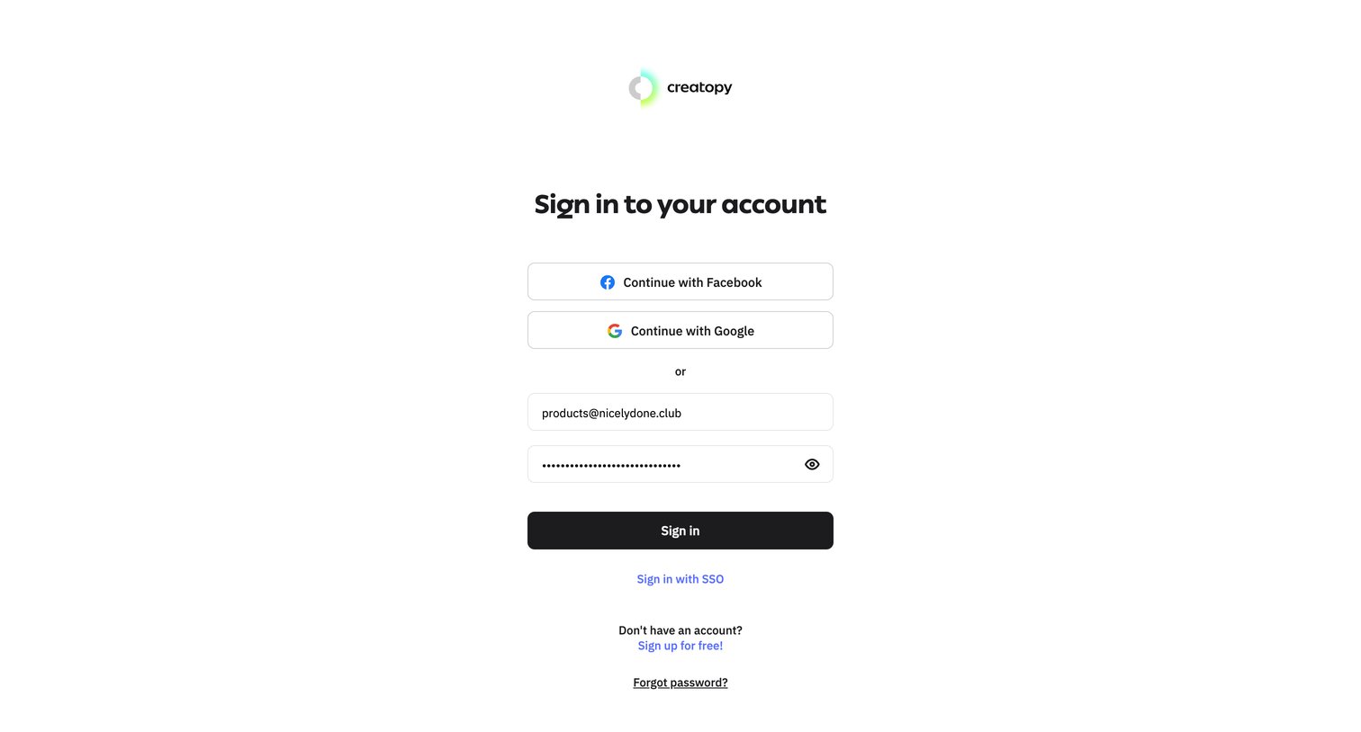 Creatopy - Sign in to your account - Creatopy screen