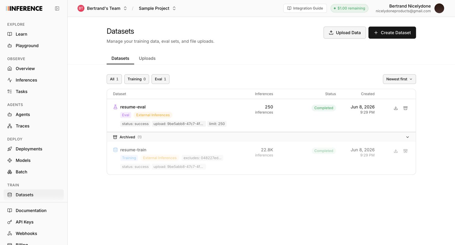 Inference - Datasets | inference.net screen