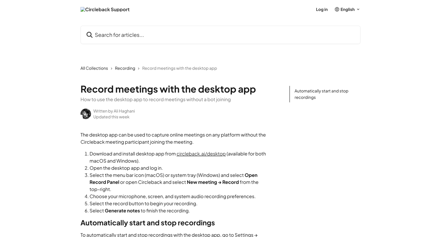 Circleback - Record meetings with the desktop app Circleback Support screen