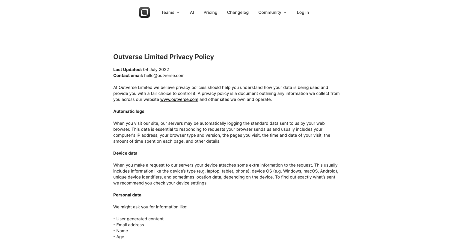 Outverse - Outverse | Privacy Policy screen