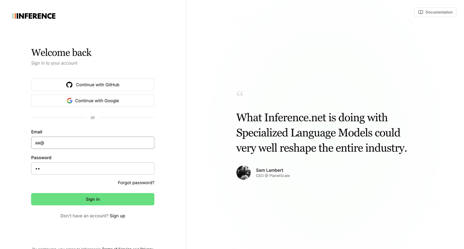 Inference - Sign In | Inference.net screen