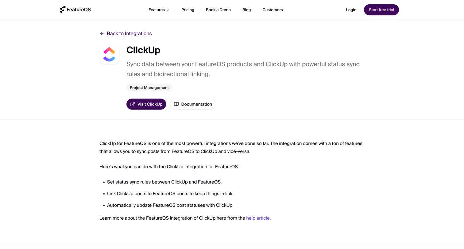 FeatureOS - ClickUp Integration - Connect with FeatureOS screen