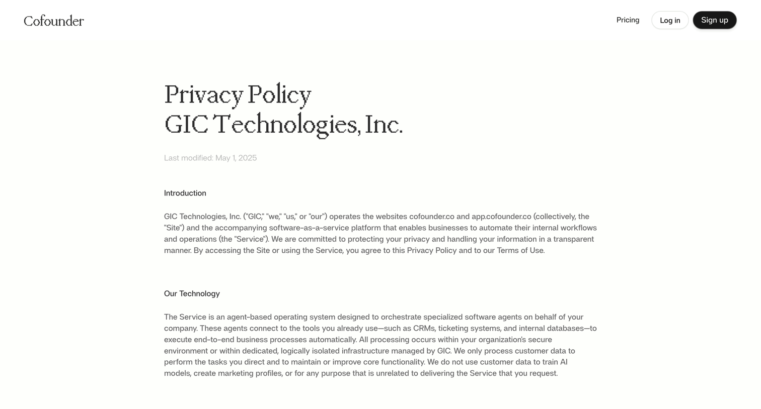 Cofounder - Cofounder Privacy Policy screen
