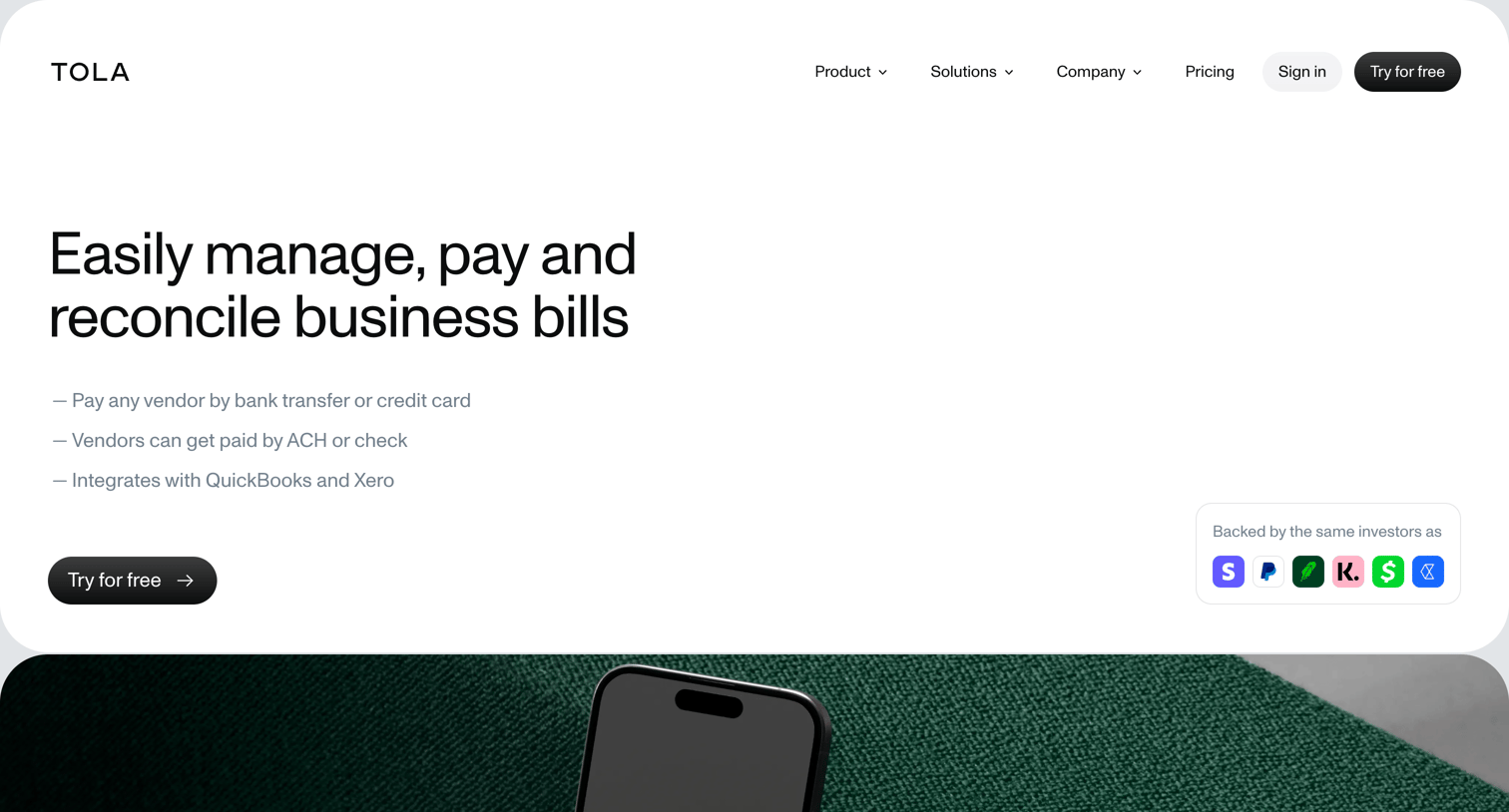 Tola - Tola - Accounts payable, accounts receivable and cash flow manage screen